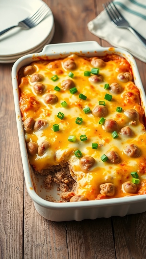 Cheesy Hamburger Casserole for Two A cheesy hamburger casserole with melted cheese and green onions, served in a baking dish on a rustic table.